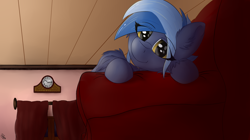 Size: 4768x2668 | Tagged: safe, artist:flapstune, imported from derpibooru, oc, oc only, oc:pixi feather, pegasus, pony, clock, couch, curtains, cute, female, fluffy, looking at you, lying down, mare, pegasus oc, signature, smiling, solo, two toned mane, window, wings