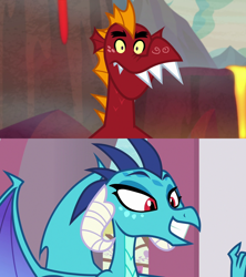Size: 1280x1440 | Tagged: safe, edit, edited screencap, imported from derpibooru, screencap, garble, princess ember, sweet and smoky, triple threat, comparison, emble, female, male, shipping, shipping domino, smiling, straight