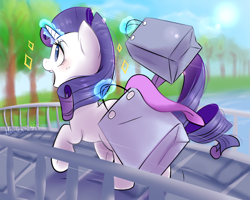 Size: 1280x1024 | Tagged: safe, artist:haden-2375, imported from derpibooru, rarity, pony, unicorn, cute, female, glowing horn, horn, magic, magic aura, mare, open mouth, raribetes, running, shopping bag, shopping bags, signature, solo, telekinesis