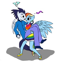 Size: 947x991 | Tagged: safe, anonymous artist, derpibooru exclusive, imported from derpibooru, rainbow dash, soarin', anthro, pegasus, bridal carry, carrying, clothes, cute, dress, female, male, mare, mary janes, rainbow dash always dresses in style, shipping, shoes, simple background, soarindash, stallion, straight, suit, surprised, white background