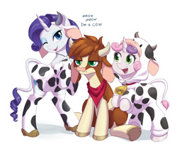 Size: 1280x1076 | Tagged: safe, artist:dstears, imported from derpibooru, arizona cow, rarity, sweetie belle, cow, pony, unicorn, them's fightin' herds, amused, animal costume, arizona (tfh), arizona cow is not amused, arizona is not amused, asdfmovie, clothes, community related, costume, cow costume, cowbelle, crossover, cultural appropriation, cute, diasweetes, one of these things is not like the others, raricow, simple background, species swap, unamused, white background, year of the ox