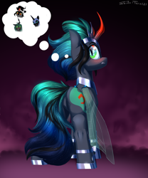 Size: 2500x3000 | Tagged: safe, artist:shido-tara, imported from derpibooru, king sombra, nightmare moon, queen chrysalis, oc, oc:empress sacer malum, changeling, changeling queen, pony, armor, blushing, butt, commission, commissioner:bigonionbean, crown, curved horn, cutie mark, ethereal mane, female, flank, fusion, fusion:empress sacer malum, fusion:king sombra, fusion:nightmare moon, fusion:queen chrysalis, horn, jewelry, looking at you, looking back, looking back at you, mare, parent:king sombra, parent:nightmare moon, parent:princess luna, parent:queen chrysalis, plot, queen umbra, regalia, royalty, rule 63, simple background, thought bubble, writer:bigonionbean