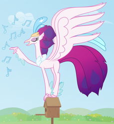 Size: 6388x6969 | Tagged: safe, artist:kmlp, derpibooru exclusive, imported from derpibooru, queen novo, classical hippogriff, hippogriff, my little pony: the movie, absurd resolution, behaving like a bird, bird house, cute, eyes closed, female, happy, music notes, novobetes, perching, singing, smiling, solo, vector, wings