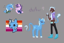 Size: 2676x1803 | Tagged: safe, artist:courtpoiuy, imported from derpibooru, starlight glimmer, trixie, human, blackwashing, dark skin, female, headcanon, humanized, leonine tail, lesbian, lesbian pride flag, pride, pride flag, pronouns, shipping, startrix, tailed humanization