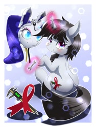 Size: 1500x2000 | Tagged: safe, artist:phoenixperegrine, imported from derpibooru, oc, oc only, oc:liliana, pony, robot, robot pony, unicorn, abstract background, blushing, female, looking at you, looking back, looking back at you, magic, mare, sitting, solo, telekinesis, wrench