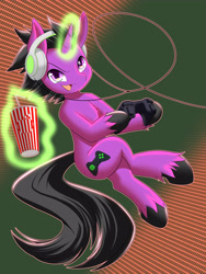 Size: 3000x4000 | Tagged: safe, artist:phoenixperegrine, imported from derpibooru, oc, oc only, oc:jimmy, pony, unicorn, controller, headphones, magic, solo, telekinesis, unshorn fetlocks