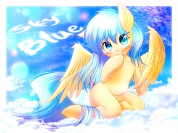 Size: 4000x3000 | Tagged: safe, artist:phoenixperegrine, imported from derpibooru, oc, oc only, oc:skyblue gift, pegasus, pony, semi-anthro, blushing, cloud, female, floppy ears, hoof on chin, lens flare, looking at you, mare, on a cloud, sitting, sky, solo, spread wings, wings