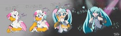 Size: 1280x389 | Tagged: safe, artist:foxxy-arts, imported from derpibooru, oc, oc:foxxy hooves, hippogriff, human, character to character, clothes, comb, female, hatsune miku, heart, hippogriff oc, japanese, microphone, music notes, necktie, speech change, transformation, transformation sequence, vocaloid