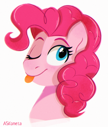 Size: 1600x1900 | Tagged: safe, artist:askometa, imported from derpibooru, pinkie pie, pony, bust, one eye closed, portrait, simple background, solo, tongue out, white background, wink