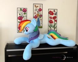 Size: 1140x917 | Tagged: safe, artist:purplenebulastudios, imported from derpibooru, rainbow dash, pony, irl, life size, lying down, photo, plushie, prone, solo