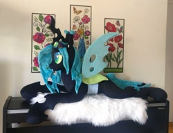 Size: 1140x877 | Tagged: safe, artist:purplenebulastudios, imported from derpibooru, queen chrysalis, changeling, goggles, irl, life size, lying down, photo, plushie, prone, solo