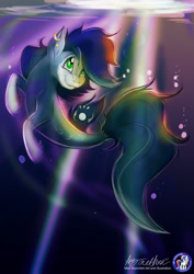 Size: 1654x2338 | Tagged: safe, artist:mad--munchkin, imported from derpibooru, oc, oc only, earth pony, pony, seapony (g4), bubble, convention, deviantart watermark, dorsal fin, exclusive, fish tail, flowing mane, flowing tail, green eyes, logo, looking up, obstructive watermark, obtrusive watermark, ocean, seaponified, solo, species swap, swimming, tail, ukponycon, underwater, water, watermark