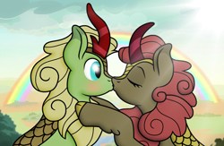 Size: 830x540 | Tagged: safe, artist:ah96, imported from derpibooru, forest fall, maple brown, kirin, blushing, eyes closed, female, kissing, male, rainbow, shipping, straight