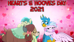 Size: 2064x1161 | Tagged: safe, anonymous artist, artist:ejlightning007arts, editor:wallblush, imported from derpibooru, gallus, sandbar, silverstream, yona, classical hippogriff, earth pony, griffon, hippogriff, pony, yak, 2021, eyes closed, female, friendship, gallstream, hearts and hooves day, holiday, hug, implied gallstream, implied yonabar, interspecies, lyrics in the description, male, male and female, shipping, straight, valentine's day, yonabar, youtube link in the description