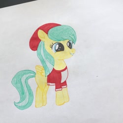 Size: 1080x1080 | Tagged: safe, artist:lillycloudart, imported from derpibooru, barley barrel, pegasus, pony, clothes, eyelashes, female, filly, hat, smiling, solo, traditional art, wings