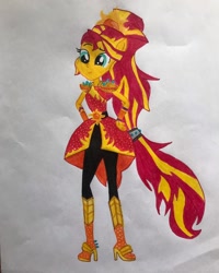 Size: 1080x1350 | Tagged: safe, artist:lillycloudart, imported from derpibooru, sunset shimmer, equestria girls, clothes, crystal guardian, dress, female, high heels, pants, shoes, smiling, solo, traditional art