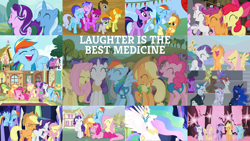 Size: 1968x1107 | Tagged: safe, edit, edited screencap, editor:quoterific, imported from derpibooru, screencap, apple bloom, applejack, berry punch, berryshine, carrot top, cloud kicker, coco crusoe, dark moon, diamond tiara, doctor whooves, fancypants, fleur-de-lis, fluttershy, golden harvest, graphite, junebug, lemon hearts, linky, lyra heartstrings, minuette, pinkie pie, princess celestia, princess luna, rainbow dash, rainbow stars, rainbowshine, rarity, scootaloo, sea swirl, seafoam, shoeshine, spike, starlight glimmer, sweetie belle, time turner, tornado bolt, trixie, twilight sparkle, twinkleshine, alicorn, dragon, earth pony, pegasus, pony, unicorn, bats!, celestial advice, dragonshy, fall weather friends, friendship is magic, horse play, it's about time, magic duel, no second prances, ponyville confidential, what about discord?, winter wrap up, applejack's hat, bipedal, book, bow, clothes, cowboy hat, cutie mark crusaders, eyes closed, female, filly, fluttershy's cottage, hat, hoof shoes, laughing, male, mane seven, mane six, no mouth, nose in the air, open mouth, sharp teeth, sitting, teeth, twilight sparkle (alicorn), twilight's castle, unicorn twilight, vest, wall of tags