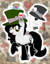 Size: 2984x3768 | Tagged: safe, artist:amgiwolf, imported from derpibooru, oc, oc only, oc:amgi, earth pony, pony, abstract background, alice in wonderland, card, crossover, cup, earth pony oc, eyelashes, female, hat, hoof fluff, mannequin, mare, raised hoof, teacup, top hat