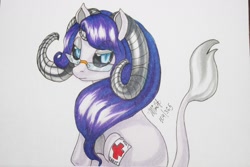 Size: 1280x853 | Tagged: safe, artist:armess, imported from derpibooru, oc, oc only, demon, demon pony, original species, pony, black sclera, glasses, horns, leonine tail, looking at you, signature, solo, traditional art
