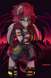 Size: 1986x3000 | Tagged: safe, artist:ciderpunk, imported from derpibooru, oc, oc:ruza, bipedal, boots, clothes, cyberpunk, jewelry, piercing, retrowave, shoes, standing, synthwave