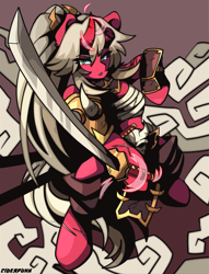 Size: 1909x2500 | Tagged: safe, artist:ciderpunk, imported from derpibooru, oc, oni, original species, armor, katana, samurai, standing, sword, weapon