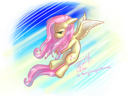 Size: 1200x900 | Tagged: safe, artist:armess, imported from derpibooru, fluttershy, pegasus, pony, 2012, abstract background, cute, female, flying, mare, shyabetes, signature, smiling, solo, underhoof