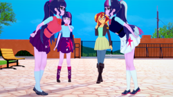 Size: 1280x720 | Tagged: safe, artist:csxz, imported from derpibooru, sci-twi, sunset shimmer, twilight sparkle, human, equestria girls, 3d, boots, clothes, confused, glasses, koikatsu, looking at each other, mmd, multeity, powerful sparkle, shoes, skirt, socks, sparkle sparkle sparkle, threelight sparkles, triality, twolight