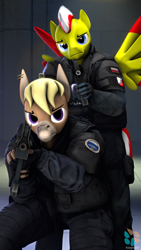 Size: 2160x3840 | Tagged: safe, artist:kasjer19, imported from derpibooru, oc, oc:magnus, oc:nickyequeen, anthro, donkey, 3d, aiming, commissioner:nickyequeen, counter terrorists, counter-strike, counter-strike: global offensive, crouching, famas, france, friendship, gign, m4a1, poland, pose, source filmmaker