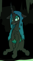 Size: 2104x3808 | Tagged: safe, artist:dark shadow, imported from derpibooru, queen chrysalis, changeling, changeling queen, fangs, female, glow, glowing, smiling, solo