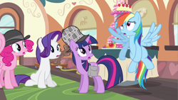 Size: 1280x720 | Tagged: safe, imported from derpibooru, screencap, fluttershy, pinkie pie, rainbow dash, rarity, twilight sparkle, earth pony, pegasus, pony, unicorn, mmmystery on the friendship express, apple, bag, cake, flying, food, grape, hat, open mouth, orange, saddle bag, sherlock, sherlock hat, sitting, surprised, train, unicorn twilight