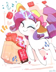 Size: 1200x1550 | Tagged: safe, artist:nendo, imported from derpibooru, rarity, pony, unicorn, blushing, chocolate, cute, eyes closed, female, food, happy, hat, heart, holiday, magic, raribetes, shopping bags, simple background, smiling, solo, telekinesis, valentine's day