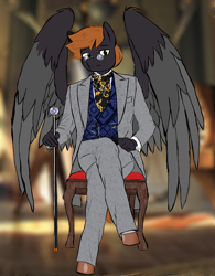 Size: 1568x2011 | Tagged: safe, artist:uncreative, imported from derpibooru, oc, oc only, oc:preening oil, anthro, pegasus, unguligrade anthro, cane, clothes, cravat, fancy, looking at you, male, sitting, solo, spectacles, suit, vest, wings