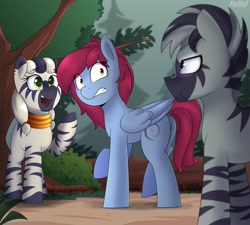 Size: 1200x1080 | Tagged: safe, artist:felixf, imported from derpibooru, oc, oc only, pegasus, pony, zebra, zebracorn, excited, female, forest, forest background, looking at each other, male, pegasus oc, scared, stallion, trio, wings, zebra oc