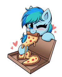 Size: 1526x1914 | Tagged: safe, artist:confetticakez, imported from derpibooru, oc, oc only, oc:stormy waters, pegasus, pony, blushing, cheese pizza, cute, food, heart, heart eyes, meat, one eye closed, pepperoni, pepperoni pizza, pizza, solo, that pony sure does love pizza, weapons-grade cute, wingding eyes, wink