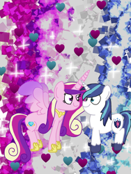 Size: 1080x1440 | Tagged: safe, artist:crossovercartoons, imported from derpibooru, princess cadance, shining armor, alicorn, pony, unicorn, clothes, colored wings, colt, couple, cute, digital art, digital artwork, digital drawing, drawing, duo, female, glitter background, gradient wings, heart, holiday, looking at each other, male, mare, shining and candance day, shiningcadance, shipping, shoes, sparkles, straight, unshorn fetlocks, valentine's day, wings