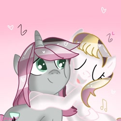 Size: 768x768 | Tagged: safe, artist:cacalvy_art, imported from derpibooru, oc, oc only, pegasus, pony, unicorn, cheek squish, cheek to cheek, eyelashes, eyes closed, female, gradient background, heart, horn, hug, mare, music notes, open mouth, pegasus oc, singing, smiling, squishy cheeks, unicorn oc, wings