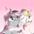 Size: 768x768 | Tagged: safe, artist:cacalvy_art, imported from derpibooru, oc, oc only, pegasus, pony, unicorn, cheek squish, cheek to cheek, eyelashes, eyes closed, female, gradient background, heart, horn, hug, mare, music notes, open mouth, pegasus oc, singing, smiling, squishy cheeks, unicorn oc, wings