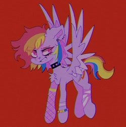 Size: 738x740 | Tagged: safe, artist:blairvonglitter, imported from derpibooru, rainbow dash, pegasus, pony, bracelet, chest fluff, choker, ear piercing, earring, fishnets, flying, grin, jewelry, piercing, smiling, smirk, solo, spiked choker, spread wings, wings