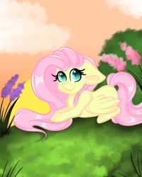 Size: 1080x1350 | Tagged: safe, artist:tessa_key_, imported from derpibooru, fluttershy, pegasus, pony, cloud, cute, eyelashes, female, looking at you, lying down, mare, outdoors, prone, shyabetes, smiling, solo, sunset, wings