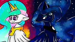 Size: 1080x608 | Tagged: safe, artist:tessa_key_, imported from derpibooru, princess celestia, princess luna, alicorn, pony, duo, ethereal mane, eyelashes, female, horn, jewelry, mare, night, peytral, siblings, sisters, starry mane, stars, sunset, tiara, wings