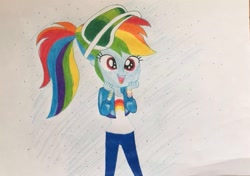 Size: 703x496 | Tagged: safe, artist:lillycloudart, imported from derpibooru, rainbow dash, equestria girls, clothes, cute, dashabetes, eyelashes, female, jacket, open mouth, pants, smiling, solo, traditional art, visor