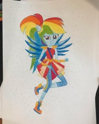 Size: 1080x1350 | Tagged: safe, artist:lillycloudart, imported from derpibooru, rainbow dash, equestria girls, legend of everfree, clothes, crystal guardian, dress, eyelashes, female, grin, pants, shoes, smiling, solo, traditional art
