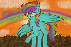 Size: 423x280 | Tagged: safe, artist:aquabright0219, imported from derpibooru, oc, oc only, pegasus, pony, cloud, ear fluff, eyes closed, glasses, multicolored hair, open mouth, outdoors, pegasus oc, rainbow hair, raised hoof, smiling, solo, wings