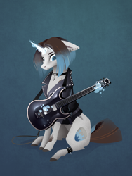 Size: 1050x1400 | Tagged: safe, artist:28gooddays, imported from derpibooru, oc, oc only, pony, unicorn, clothes, female, guitar, jacket, mare, musical instrument, solo