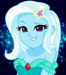 Size: 661x744 | Tagged: safe, artist:rosemile mulberry, imported from derpibooru, trixie, human, equestria girls, breasts, broach, busty trixie, clothes, detailed eyes, dress, female, hairpin, looking at you, raised eyebrow, smiling, smiling at you, solo, starry eyes, stars, wingding eyes
