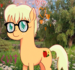 Size: 509x473 | Tagged: safe, alternate version, artist:kurisunimii, imported from derpibooru, applejack, applejack nerd, cottagecore, cute, hiragana, nerd pony, real life background