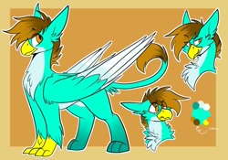 Size: 1069x748 | Tagged: safe, artist:rockin_candies, imported from derpibooru, oc, oc only, oc:goldie, oc:pure gold, griffon, beak, chest fluff, paws, reference sheet, simple background, solo, talons, wings