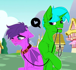 Size: 3158x2938 | Tagged: safe, artist:voronka, imported from derpibooru, oc, oc:green byte, oc:melody bliss, bat pony, pony, unicorn, blushing, chest fluff, collar, commission, duo, ear fluff, female, leash, male, mare, mouth hold, stallion, trans female, transgender, ych result