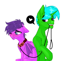 Size: 3158x2938 | Tagged: safe, alternate version, artist:voronka, imported from derpibooru, oc, oc:green byte, oc:melody bliss, bat pony, pony, unicorn, background edit, blushing, chest fluff, collar, commission, duo, ear fluff, female, leash, male, mare, mouth hold, stallion, trans female, transgender, ych result