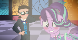 Size: 3353x1753 | Tagged: safe, artist:brandonthebronypony, imported from derpibooru, starlight glimmer, oc, oc:brandon, human, pony, blushing, bowtie, canon x oc, clothes, dress, female, male, mare